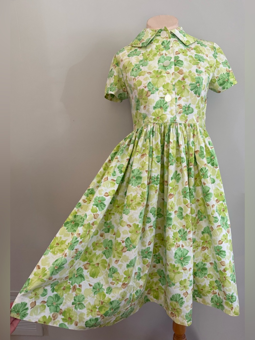 VTG Beautifully HANDMADE Green Watercolor Floral Button-Front Cotton Midi Dress